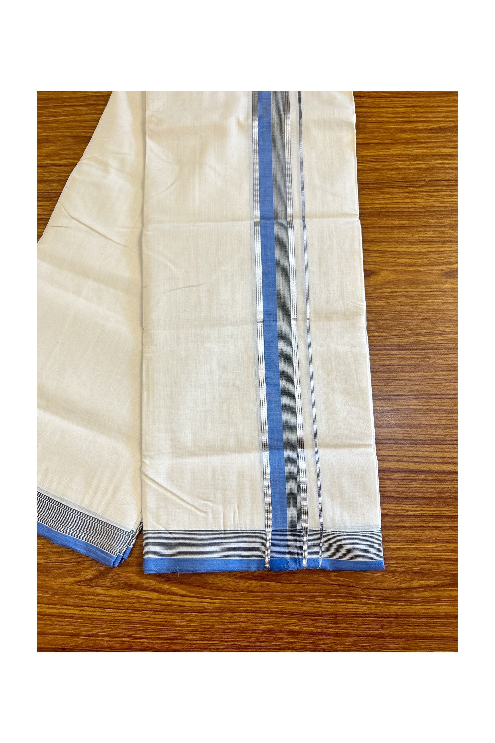 15% Discount!!! KaithariKada HANDLOOM UNAKKUPAAV Balaramapuram - 100% PURE Cotton off white (Unbleached) Double Mundu/Dhoti - 2.25 inch Silver kasavu Blue & Black striped kara - 15KK458SOM