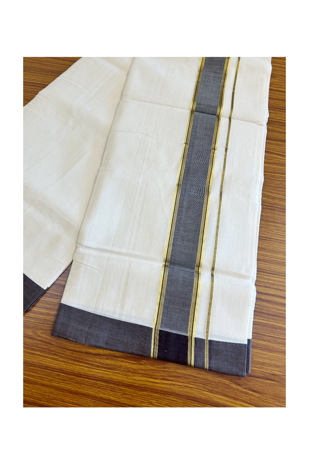 21% Discount KaithariKada HANDLOOM Unakkupaav Balaramapuram - 100% PURE Cotton Off White - (Unbleached) Double Mundu/Dhoti - 2.75 inch  Kasavu & Brown Kara- 15KK498KK