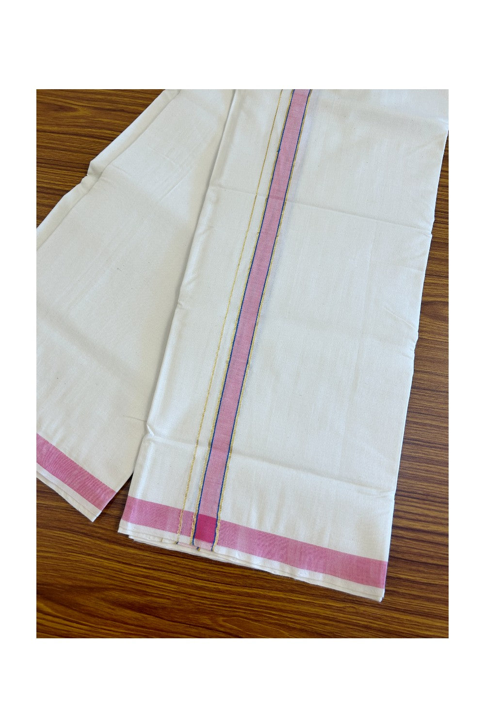 32% Discount KaithariKada 100% Cotton Balaramapuram HANDLOOM Single Mundu/Dhoti - Off White - (Unbleached) 1.25 inch Pink  & Blue Kasavu Kara - 15KK499KK