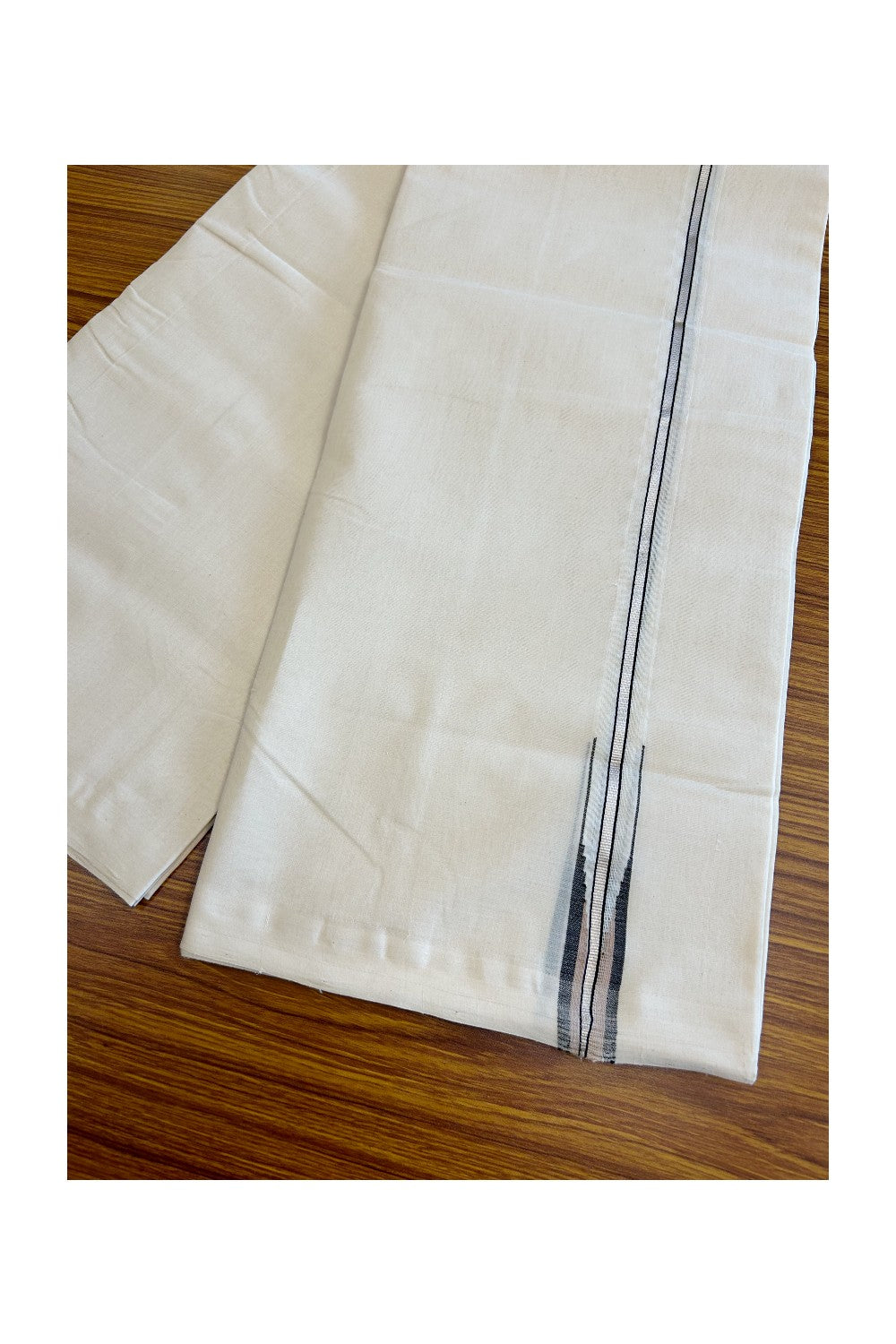 8% DISCOUNT!! KaithariKada HANDLOOM Millpaav Balaramapuram - 100% PURE Cotton OFF White - (Unbleached) Double Mundu/Dothi - 1inch Puliyilakkara Silver kasavu  Black & Cream chutty - 15KK5029RAM