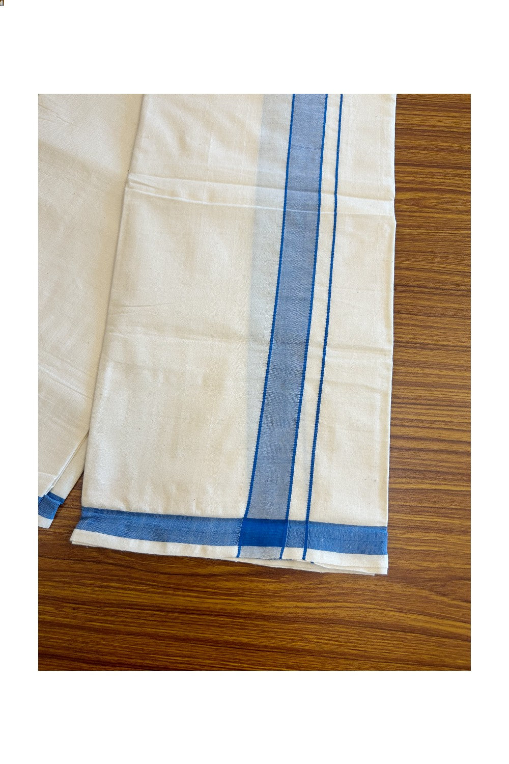 21% Discount!!! KaithariKada 100% Cotton Balaramapuram HANDLOOM off white (Unbleached) Single Mundu/Dhoti - 1.75 inch Kasavu & Blue Kara-5