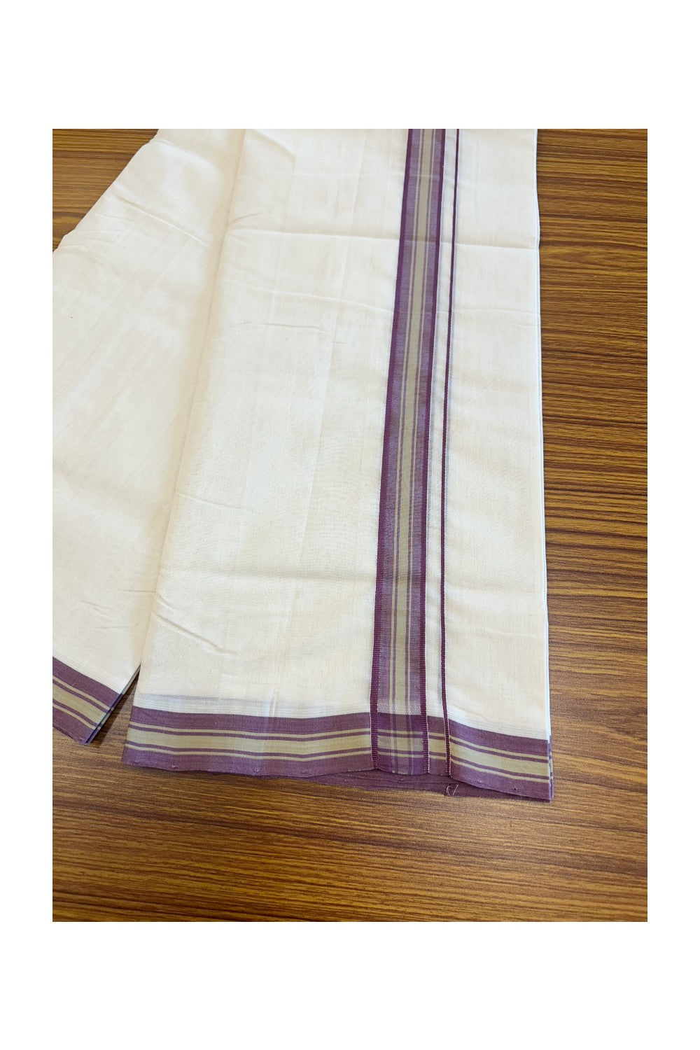 19% DISCOUNT!! KaithariKada HANDLOOM UNAKKUPAAV Balaramapuram - 100% PURE Cotton OFF White Double - (Unbleached) Mundu/Dothi - 1.5 inch Plum Violet & Sage Green Stripes Kara 3.82 meters - 15KK5049REA