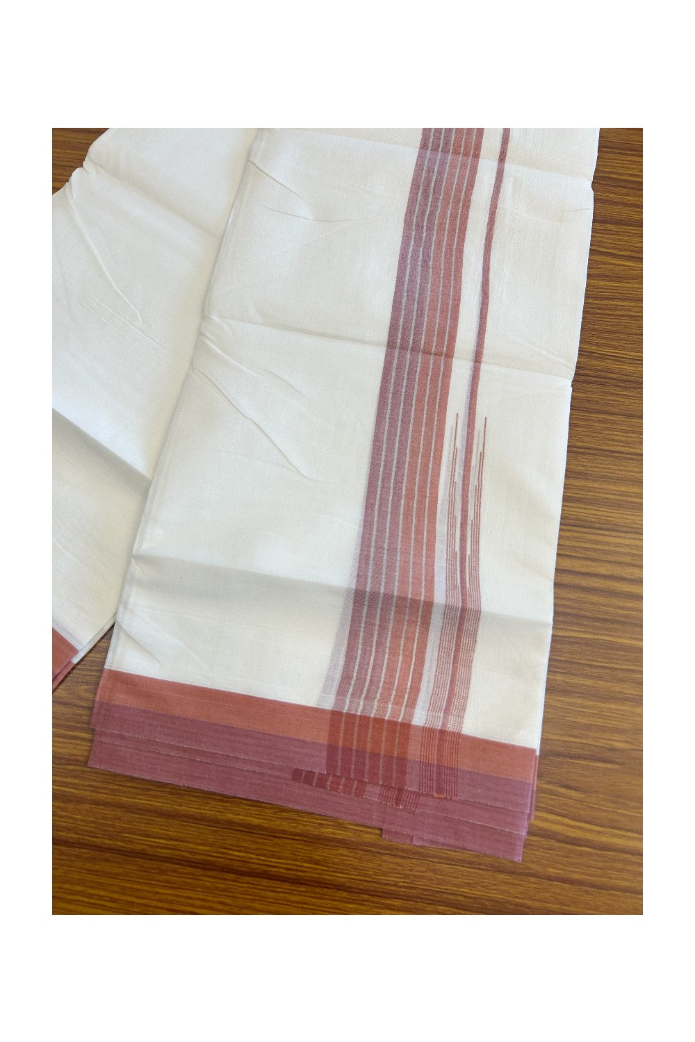 19% Discount!!! KaithariKada Balaramapuram  Double Off white - (Unbleached) Mundu/Dhoti - 80X90 - 2.25 inch Orange &Light Maroon Silver Striped puliyilakkara chutty Striped Kara 3.85 meters -15KK5058GUN