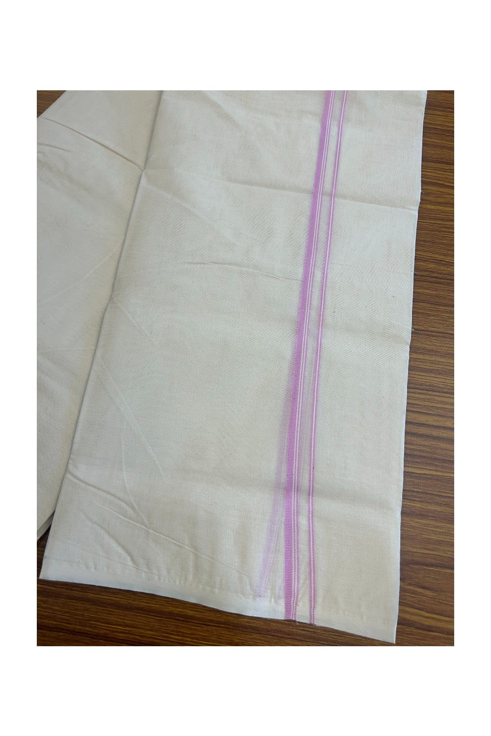 10% DISCOUNT ! KaithariKada Balaramapuram 100% Cotton Double Off white (Unbleached) Mundu/Dhoti-100X100-  LAVENDER PINK   & STRIPES 2.cm Kara. 3.75 mtr & 4 mtr - ASH013