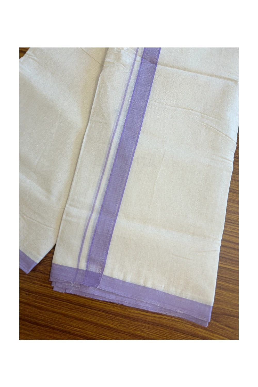 10% DISCOUNT! KaithariKada BALARAMAPURAM HANDLOOM Unakkupaav- 100% PURE Cotton 100x100 Double Mundu/Dhoti OFF WHITE (Unbleached) 3.8 mtr - Violet Kara