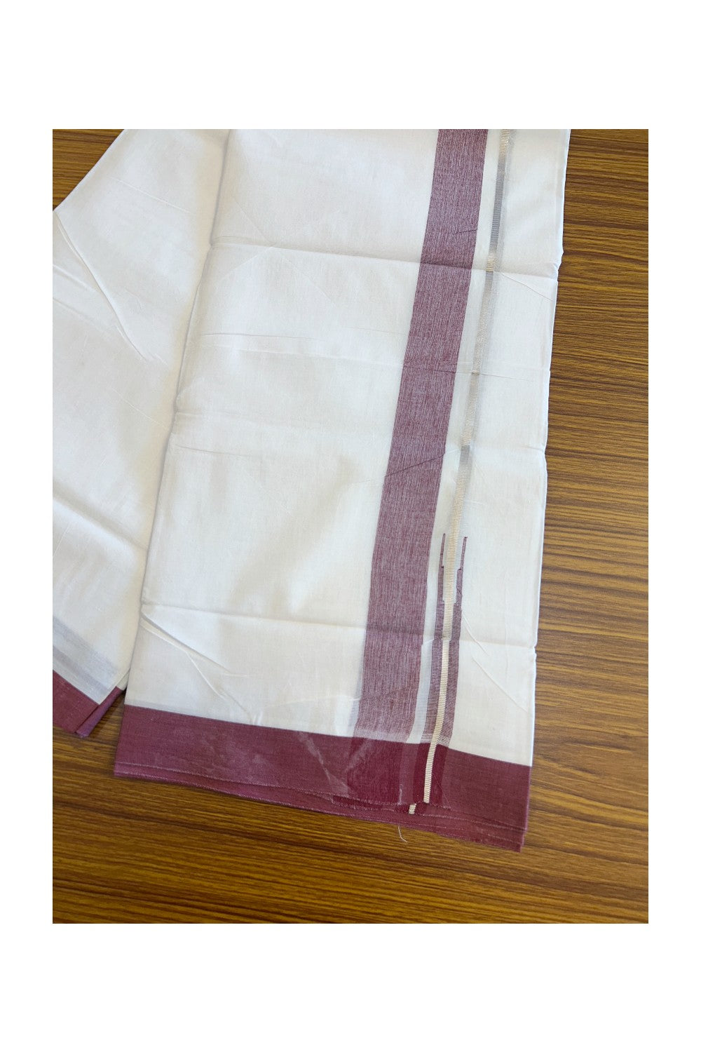 20% DISCOUNT! KaithariKada Balaramapuram 100% Cotton PURE WHITE Double Mundu/Dhoti-100x92 - 1.25 inch Puliyilakkara Silver Kasavu & Maroon Chutty Shaded Kara- 15KK5066KK