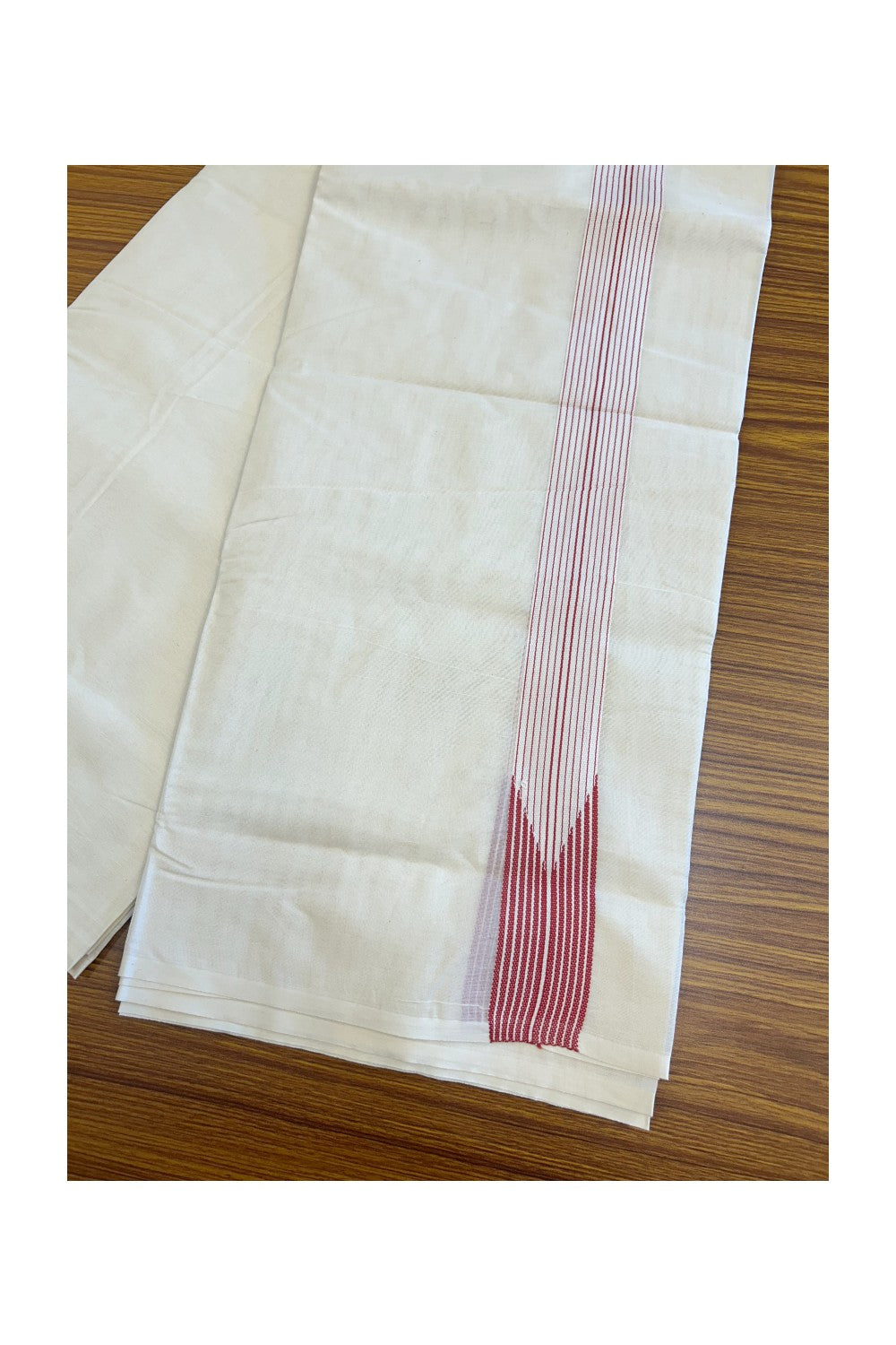 13% DISCOUNT ! KaithariKada 100% Cotton OFF WHITE - (Unbleached) Double Dhoti/Mundu- 12 Line Puliyilakkara Chutty Brick Red.