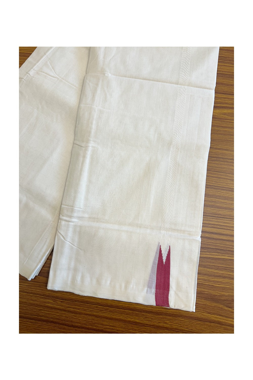 21% DISCOUNT!! KaithariKada HANDLOOM Unakkupaav Balaramapuram - 100% PURE Cotton OFF White (Unbleached) Double Mundu/Dothi - White kara Maroon puliyilakkara Chutty - 13KK114ASH