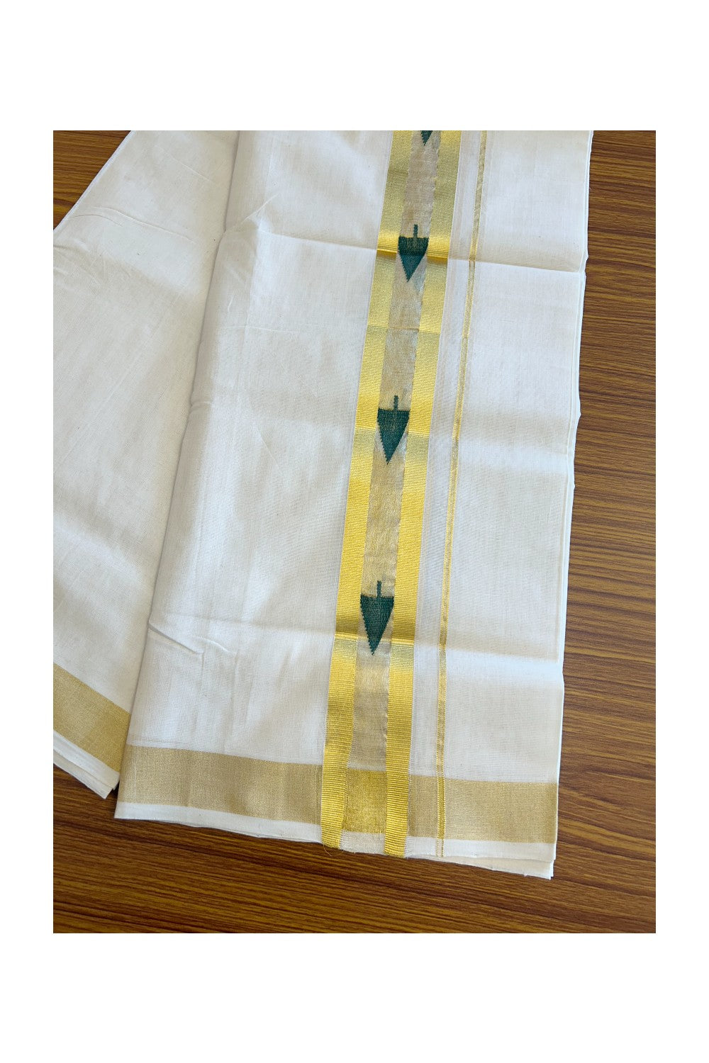 30% Discount!!! KaithariKada HANDLOOM UNAKKUPAAV Balaramapuram - 100% PURE Cotton off white (Unbleached) Double Mundu/Dhoti -100x 100 - 2.75 inch Kasavu with Centre Tissue & Green Leaf design kara - 14KK5096YAR