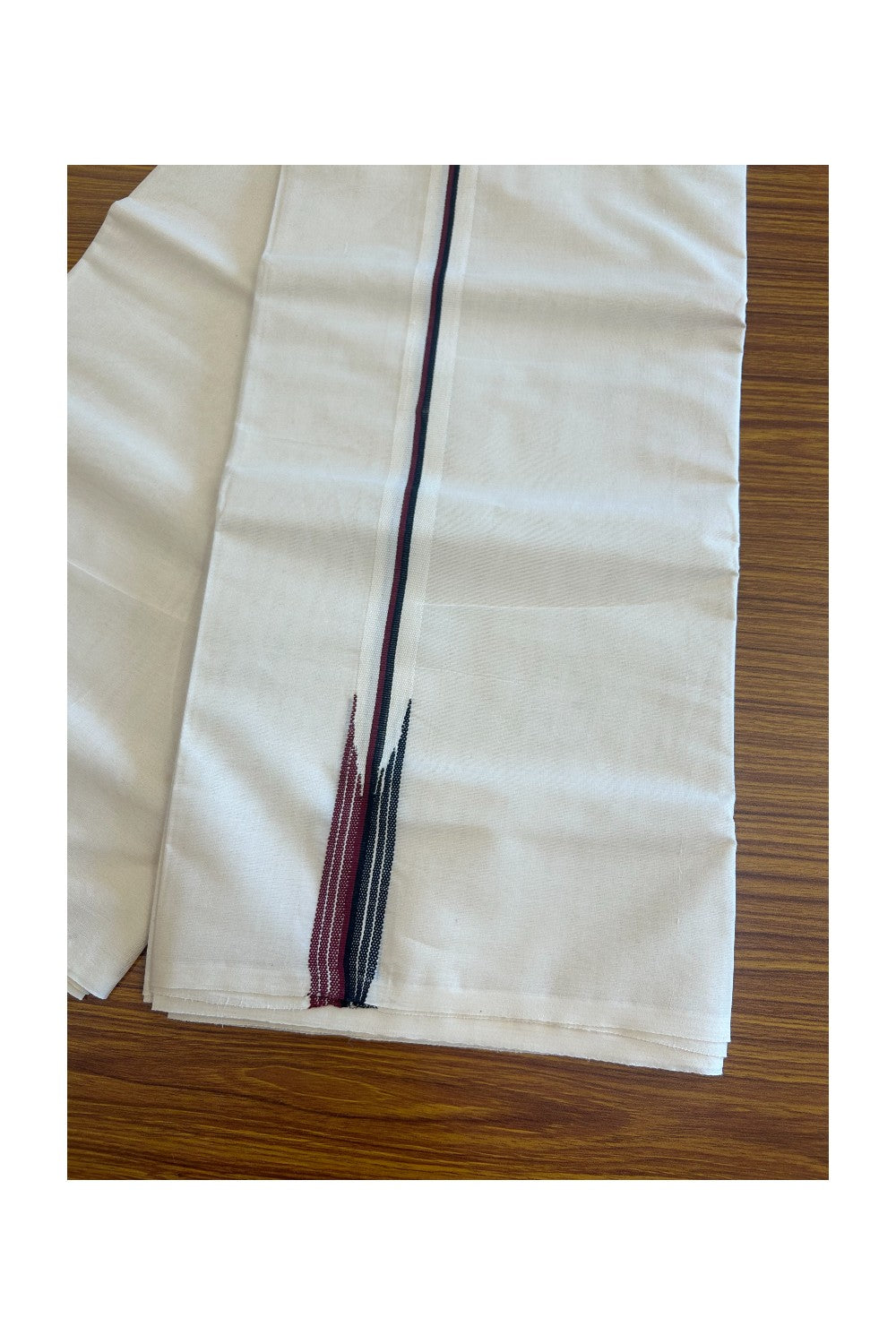 DMK VESHTI SHORT DHOTHI - DMK Veshti - 19% DISCOUNT! KaithariKada Balaramapuram 100% Cotton Double Off white - (Unbleached) Mundu/Dhoti-100x100 - 1.25 inch &  46 inches Height Puliyilakkara MAROON & BLACK Striped Chutty Kara- 15KK5101ASH