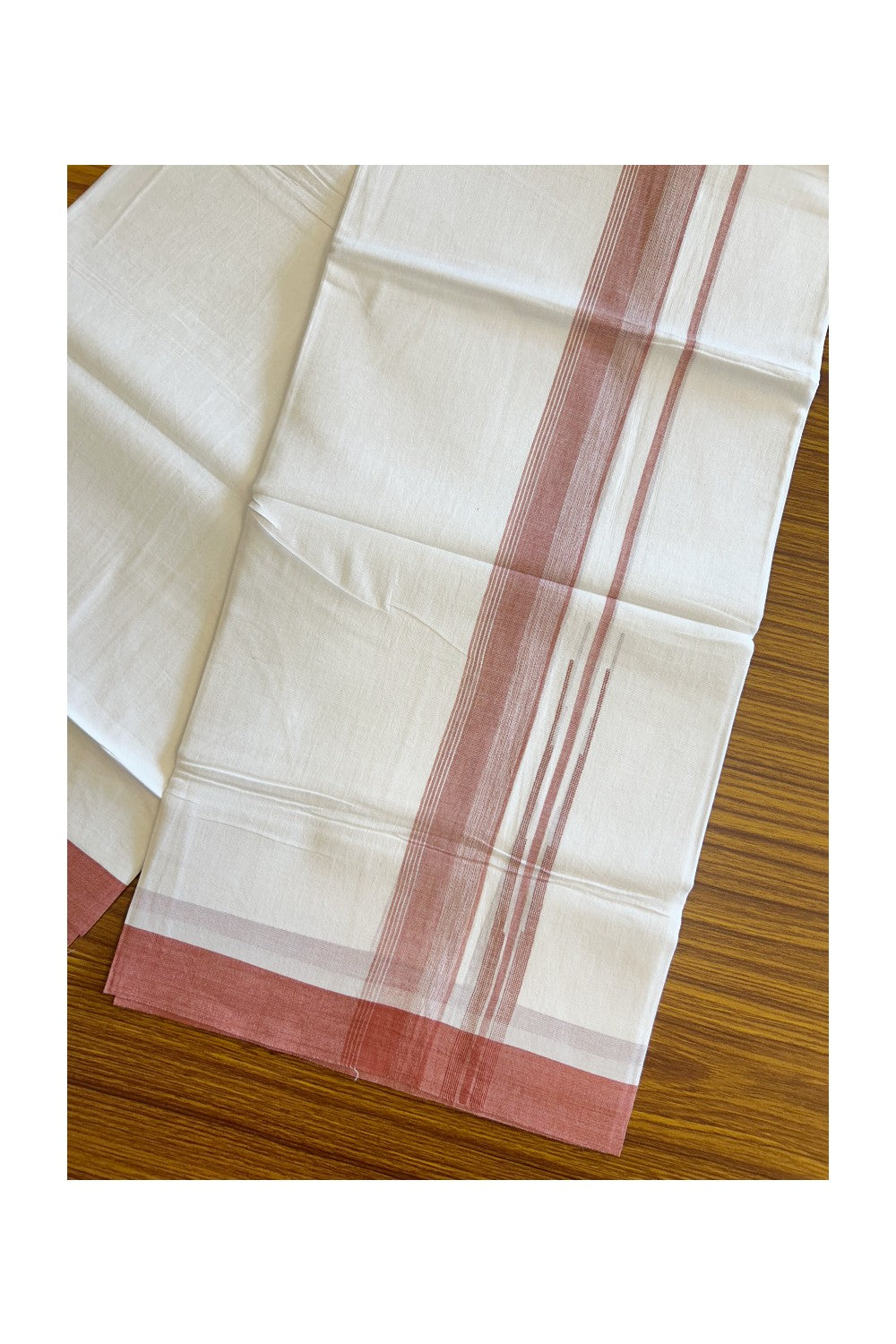 25% DISCOUNT!!! KaithariKada Balaramapuram 100% Cotton Double PURE white Mundu/Dhoti - 80X80 - 1.25 Inch Dark Peach & White shades Chutty kara - 15KK5108GAN