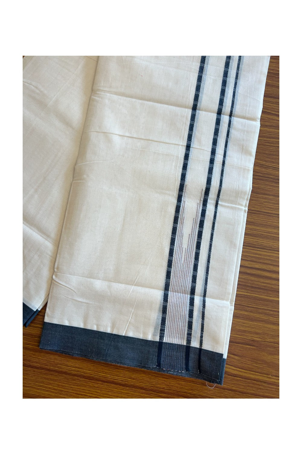 19% DISCOUNT! KaithariKada Balaramapuram 100% Cotton  Off white (Unbleached) Double Mundu/Dhoti-100x100 1.75inch Black Design Chutty kara - 15KK5110THI