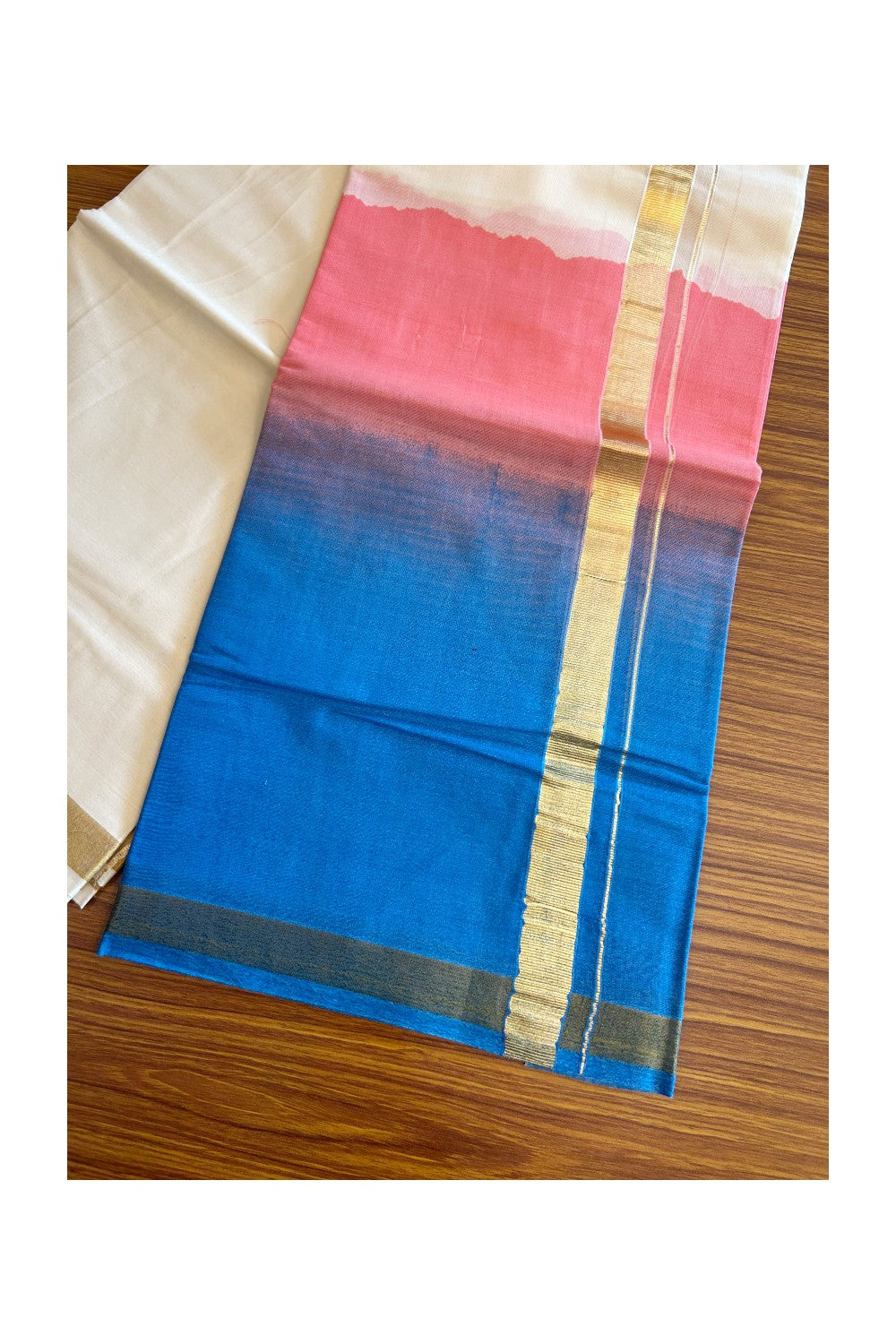 20% Discount !! KaithariKada Balaramapuram Mixed Cotton OFF White (Unbleached) Double Mundu/Dhoti -80x80 Thread Mixed Cotton - 1.75 inch Reddish Peach & Sapphire Blue Dyed Kasav Kara- 15KK5113PMC