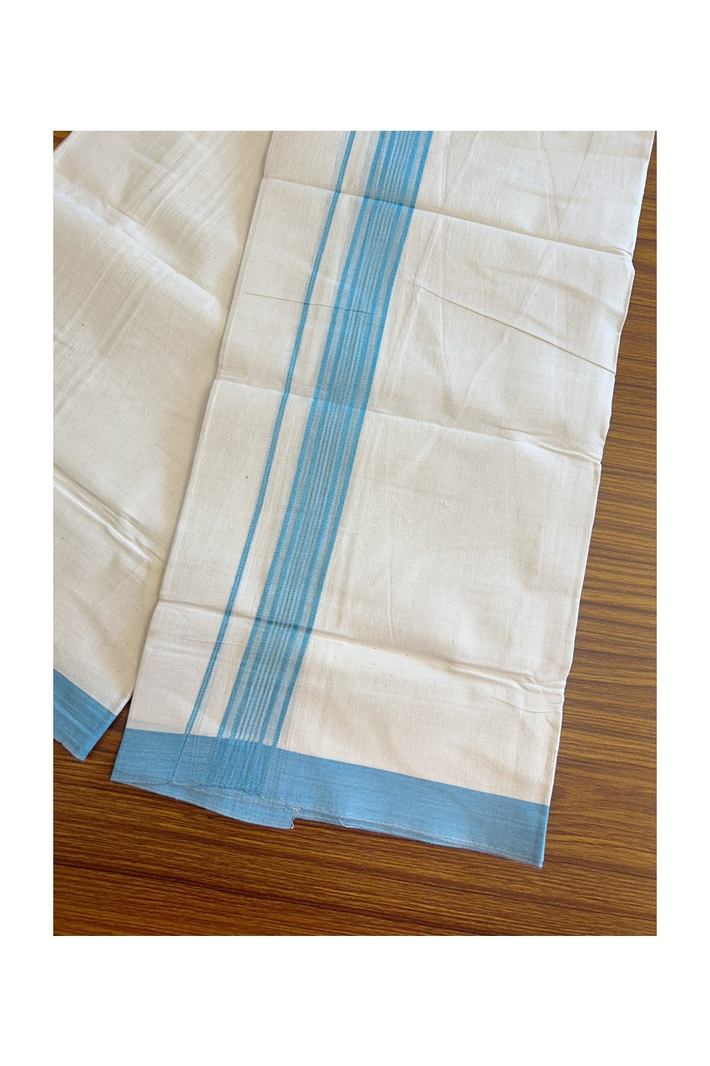 8% Discount ! Kaitharikada Balaramapuram 100% Cotton OFF WHITE SINGLE Mundu/Dothi (40s) - 2 inch Turquoise blue & White shaded Stripes Kara (2 meter / 4 muzham) - 15KK5114THI