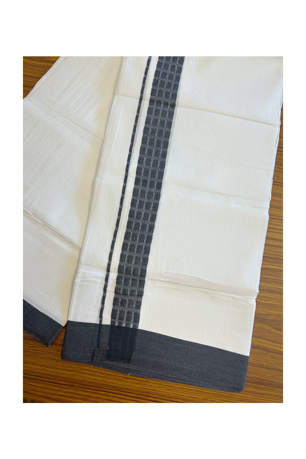 20% DISCOUNT! KaithariKada Balaramapuram 100% Cotton PURE WHITE Double Mundu/Dhoti-100x80 - 1.75 inch Black design kara - 33KK5115THI