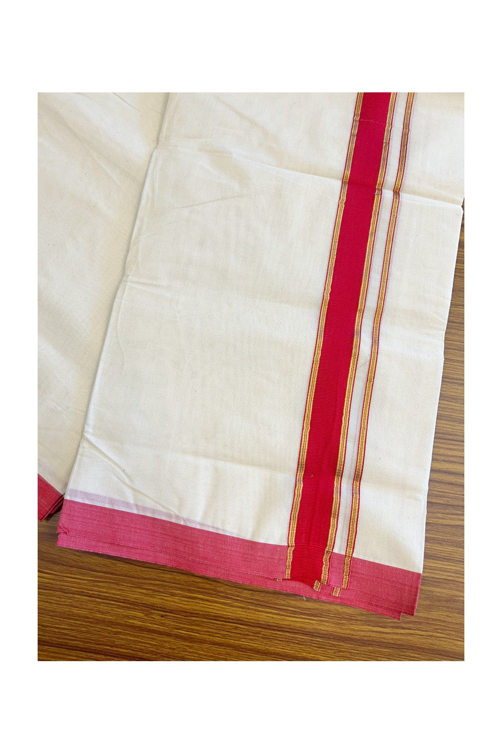 19% Discount !! KaithariKada - 100% PURE Cotton OFF White Double - (Unbleached) Mundu/Dothi -100x100 - 2 inch Red & Kasavu Striped Kara 4.50 Meters - 15KK5133ASH