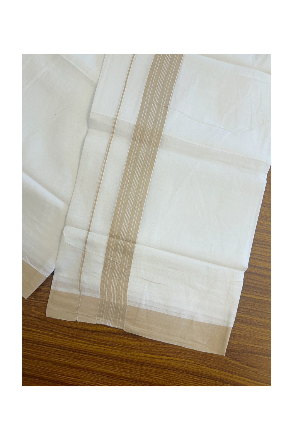 20% DISCOUNT! KaithariKada Balaramapuram 100% Cotton Double PURE white Mundu/Dhoti - 100x80 - 1.25 Inch Sand Brown Center Striped Kara - 15KK5135GAN