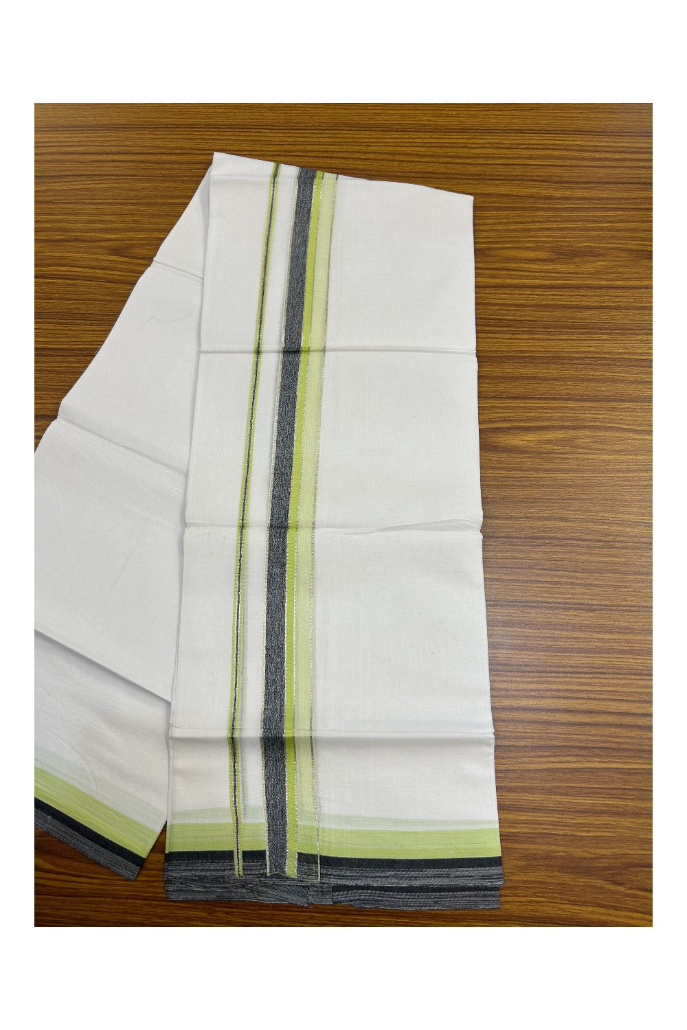 19% Discount !! KaithariKada Balaramapuram Double PURE WHITE Mundu/Dhoti- 100x80 - 1.5 inch Fluorescent Green Black Kara Silver Striped kara - 15KK5143PMC