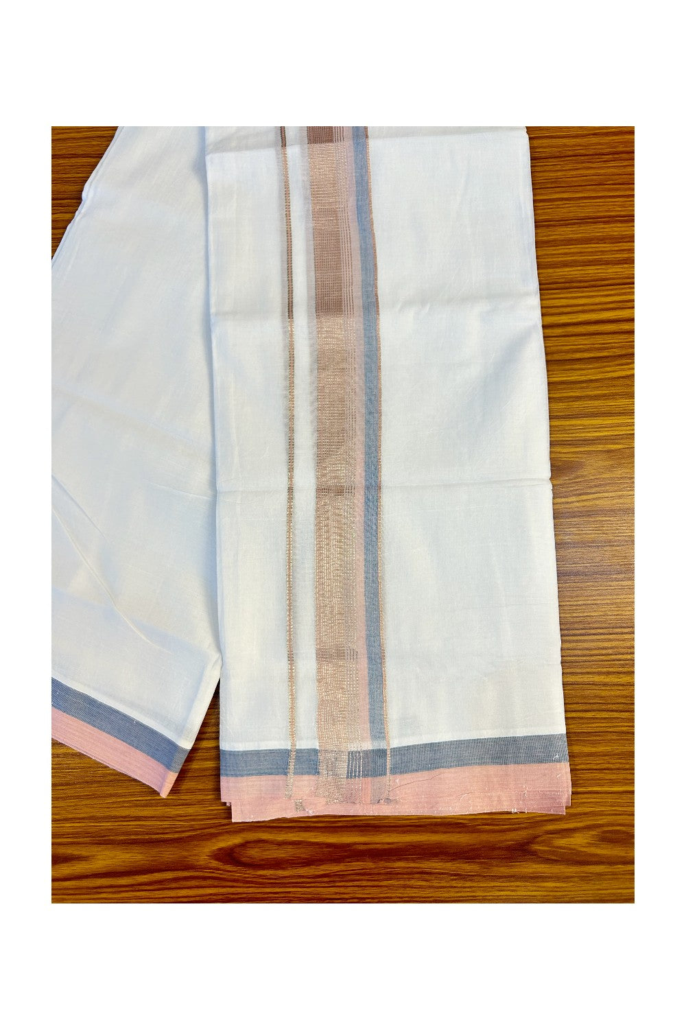 21% DISCOUNT!! Kaitharikada Balaramapuram 100% Cotton Ultra WHITE Double Mundu/Dothi-100x80   2.25 Inch PEACH & BLUE SILVER striped Cotton Kara -15KK63VAS