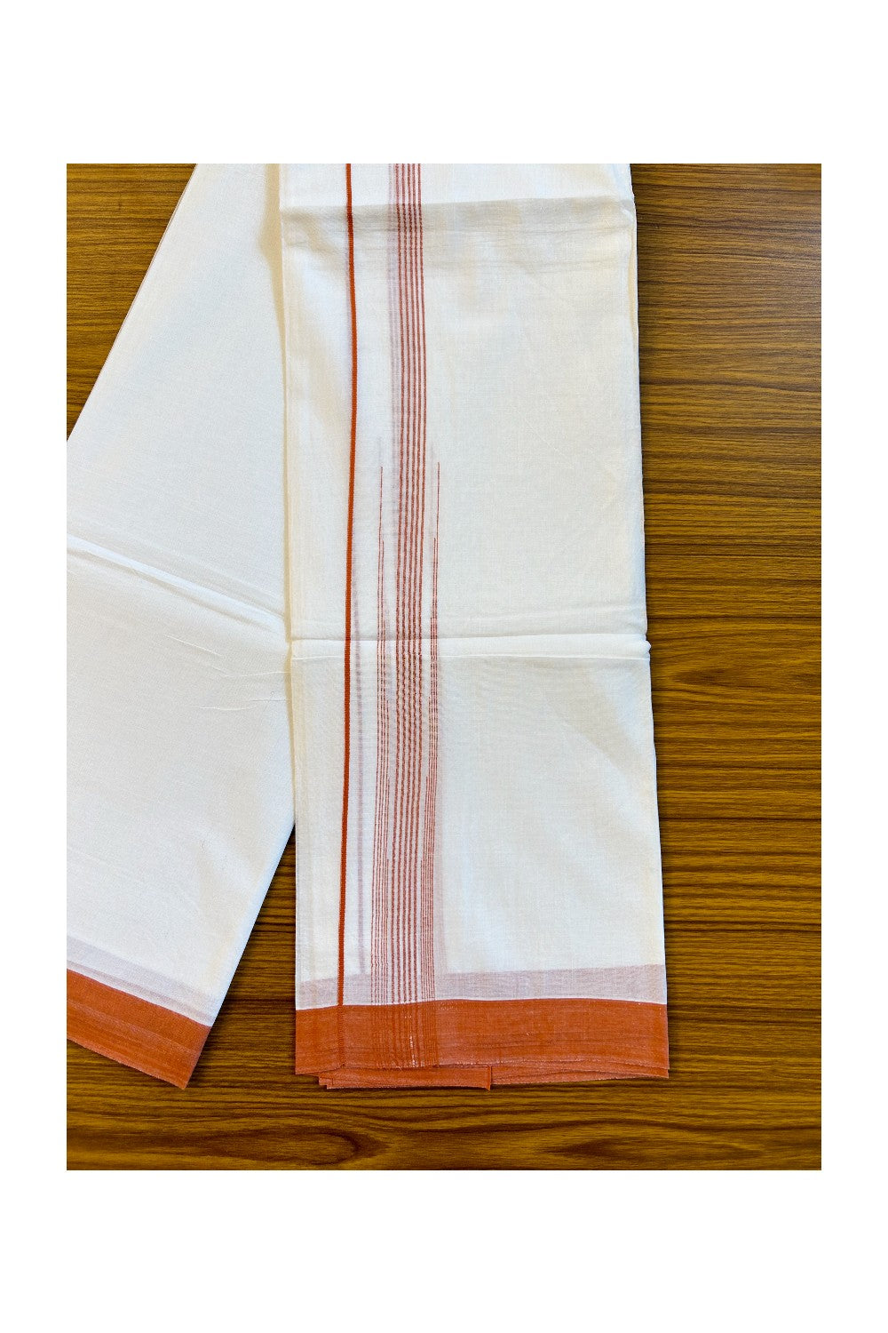 22% DISCOUNT!! Kaitharikada Balaramapuram 100% Cotton Ultra WHITE Double Mundu/Dothi-100x100  2 Inch ORANGE Striped Cotton Kara 3.80m- 15KK74RAM