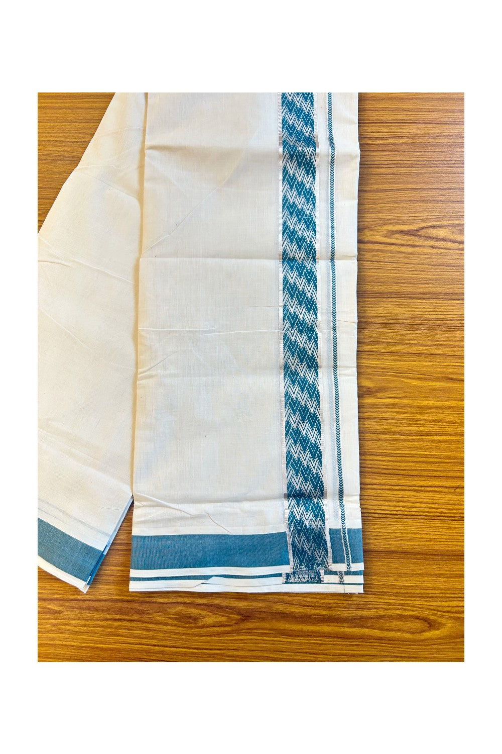 21% DISCOUNT ! KaithariKada Balaramapuram 100%  Cotton off white  (Unbleached) Double  Mundu/Dhoti - 100X100 Silver kasavu  green designer kara - 15KK78PMC