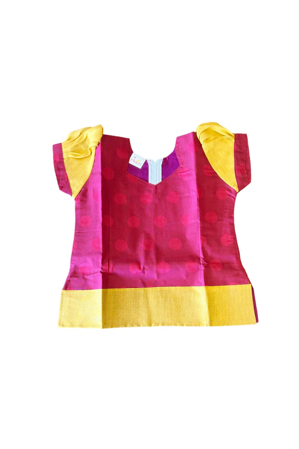 Midukki-Traditional South Indian Kids Pattu Pavada- Dark pink top with emboss work offwhite skirt with kasavu- Age 5 - KK5MID0015