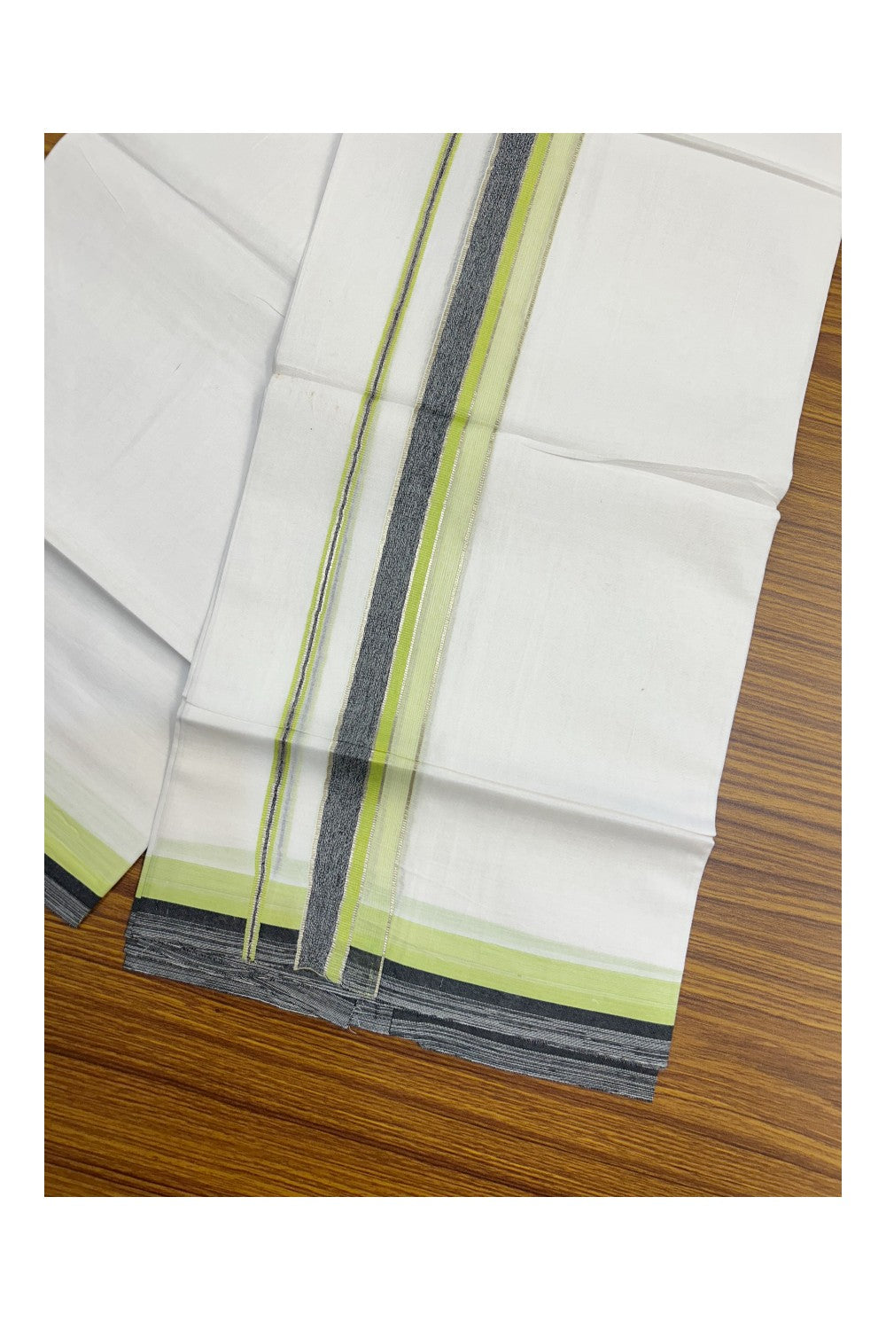 19% Discount !! KaithariKada Balaramapuram Double PURE WHITE Mundu/Dhoti- 100x80 - 1.5 inch Fluorescent Green Black Kara Silver Striped kara - 15KK5143PMC