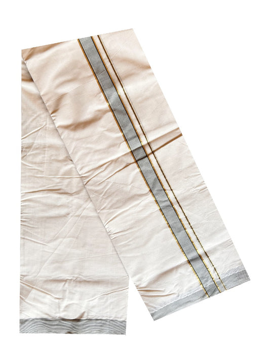 10% DISCOUNT ! KaithariKada Balaramapuram 100%  Cotton Double Off white Mundu/Dhoti-100X100- SAGE GREEN & GOLD & WHITE 1.75 inch  STRIPES Kara- ASH008.