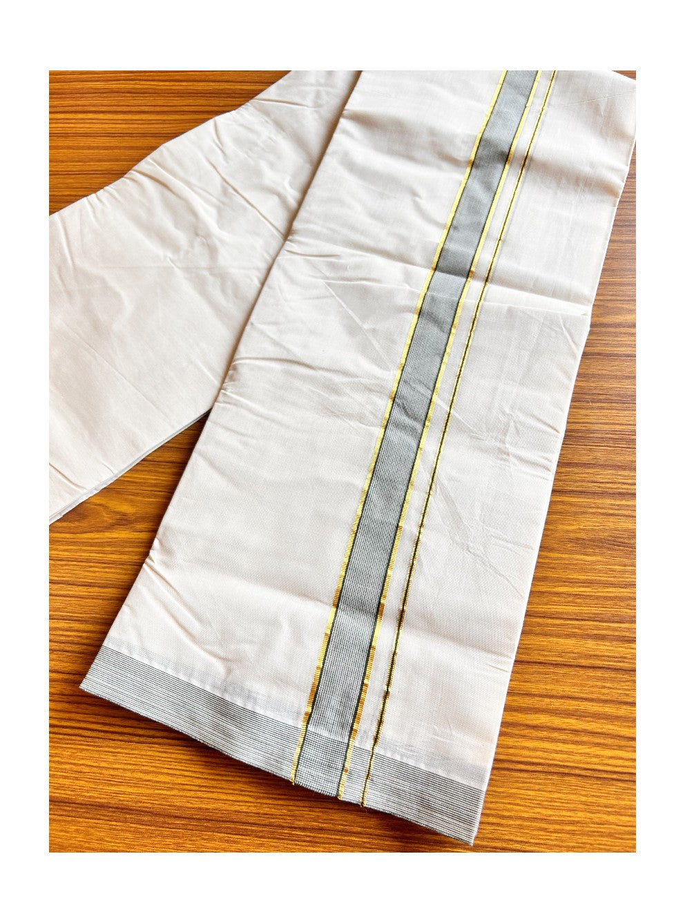 10% DISCOUNT ! KaithariKada Balaramapuram 100%  Cotton Double Off white Mundu/Dhoti-100X100- SAGE GREEN & GOLD & WHITE 1.75 inch  STRIPES Kara- ASH008.