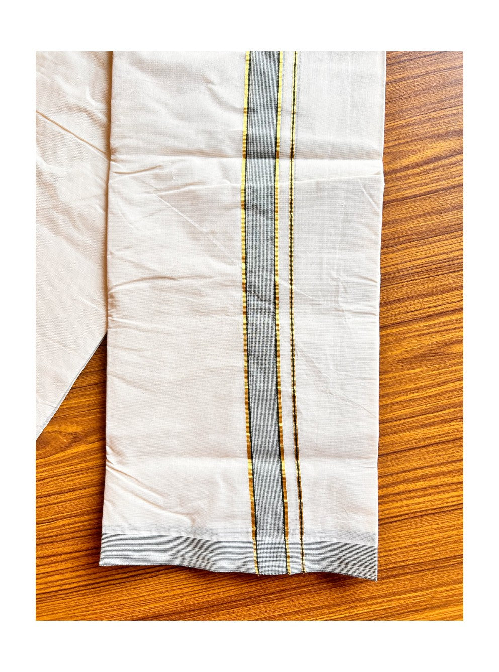 10% DISCOUNT ! KaithariKada Balaramapuram 100%  Cotton Double Off white Mundu/Dhoti-100X100- SAGE GREEN & GOLD & WHITE 1.75 inch  STRIPES Kara- ASH008.