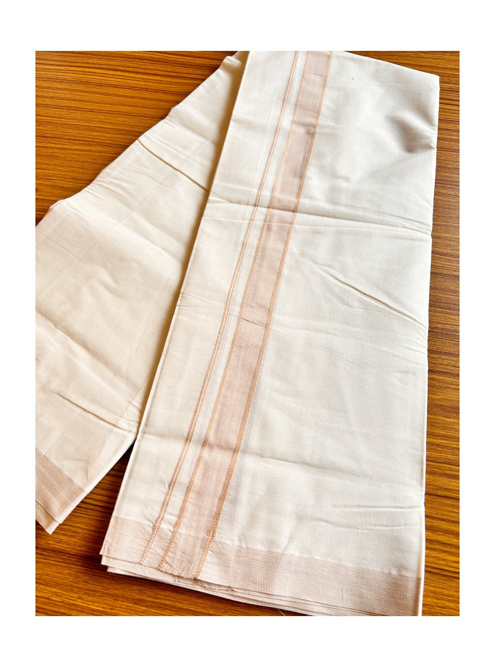 10% DISCOUNT! KaithariKada Balaramapuram 100% Cotton Double Off white Mundu/Dhoti-100x100 Sand Brown 2. inch Stripes Kara- ASH009.