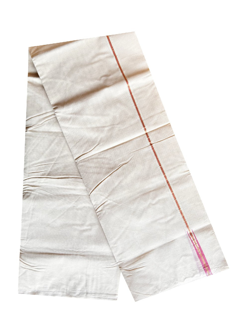 10% DISCOUNT! KaithariKada Balaramapuram 100% Cotton Double Off white Mundu/Dhoti-100x100 Chutty Puliyilakkara Muthukuri Kasavu & Pink 1.5 cm  Kara- ASH021.