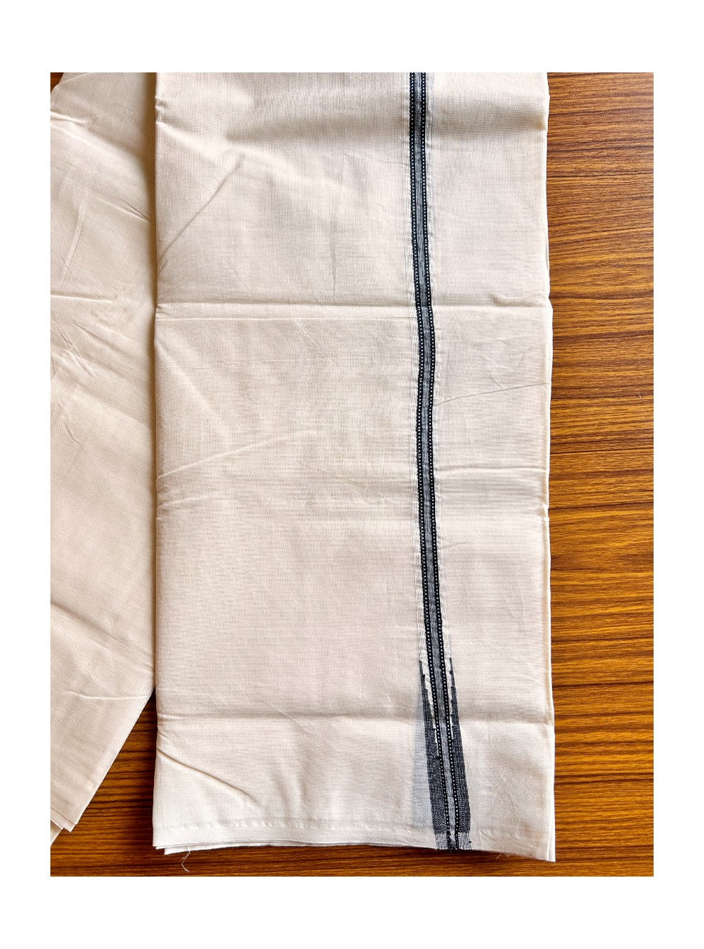 22% DISCOUNT! KaithariKada Balaramapuram 100% Cotton Double Off white - (Unbleached) Mundu/Dhoti-100x100 Chutty Puliyilakkara Striped Black 1.8 cm Kara-151123ASH025.