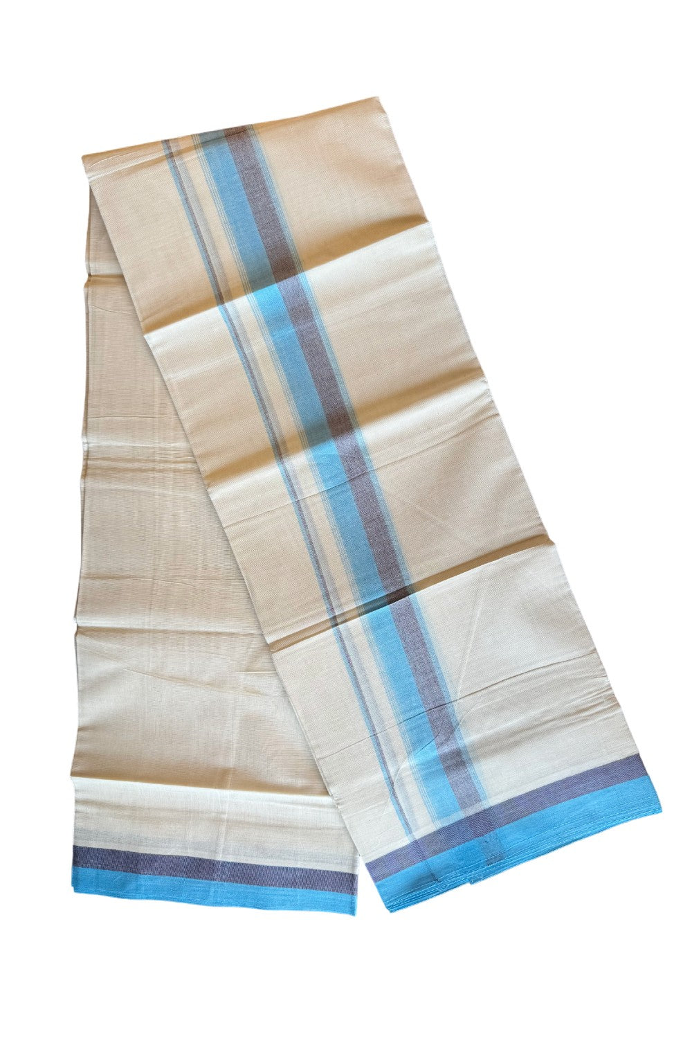 19% DISCOUNT ! KaithariKada Balaramapuram 100%  Cotton off white Double  Mundu/Dhoti - 100X100  2.5 Inch Sky blue & Navy blue shaded kara with stripes - 16KK206VIN