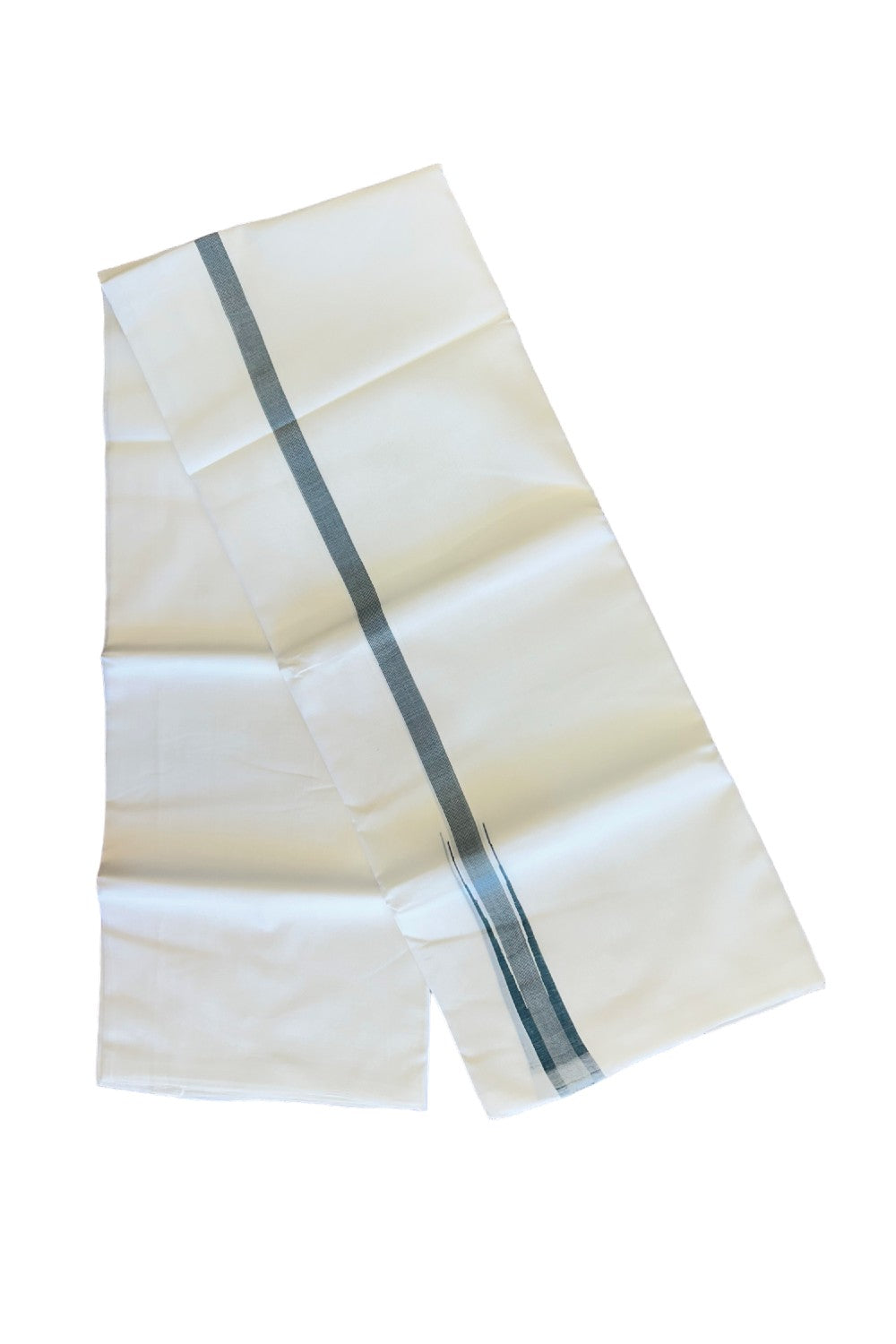 30% DISCOUNT! KaithariKada Handloom Millpaav Balaramapuram 100% Cotton  Pure white Double Mundu/Dhoti - 100x100  3 cm Green & Silver stripes Puliyilakkara Chutty - 16KK406ASH