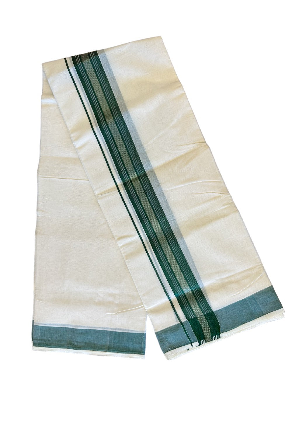 18% DISCOUNT!! KaithariKada HANDLOOM Millpaav Balaramapuram - 100% PURE Cotton OFF White Double Mundu/Dothi - 2.75 inch Green & silver kasavu striped kara - 16KK410RAM