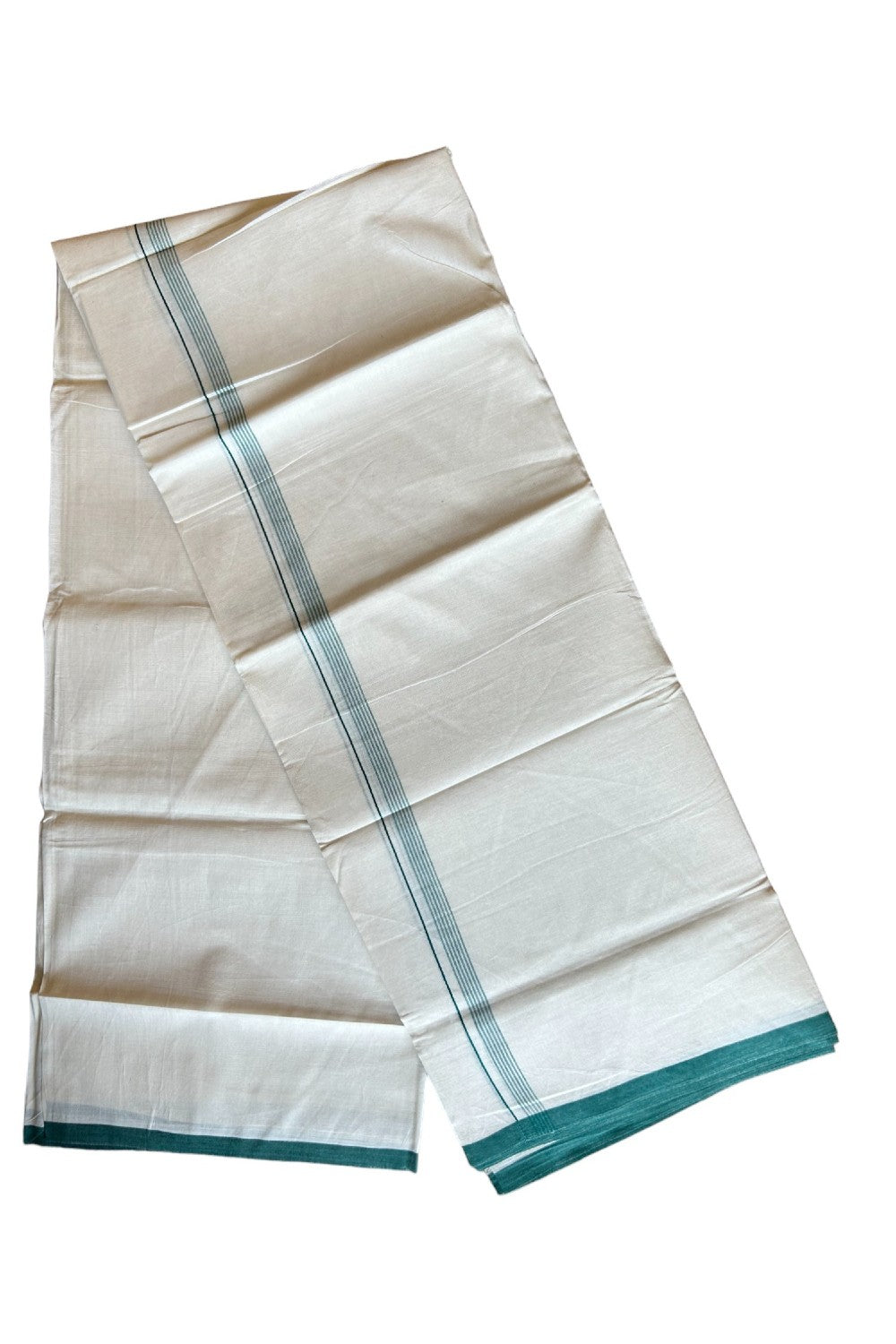 23% DISCOUNT! KaithariKada Balaramapuram 100% Cotton Off white (Unbleached) Double Mundu/Dhoti-100x90 - 2 cm Peacock Green Striped kara - 16KK431VAS