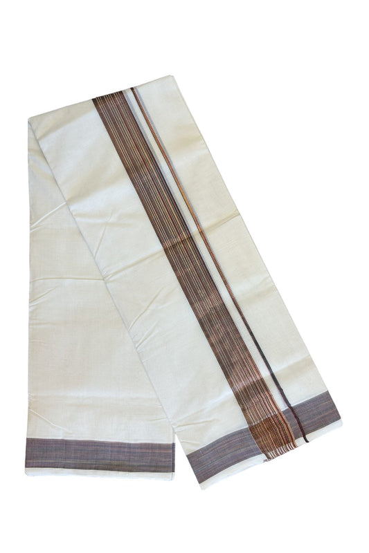 15% DISCOUNT!! KaithariKada HANDLOOM Millpaav Balaramapuram - 100% PURE Cotton OFF White (Unbleached) Double Mundu/Dothi - 2.75 inch  Brown & Kasavu striped kara - 16KK453RAM