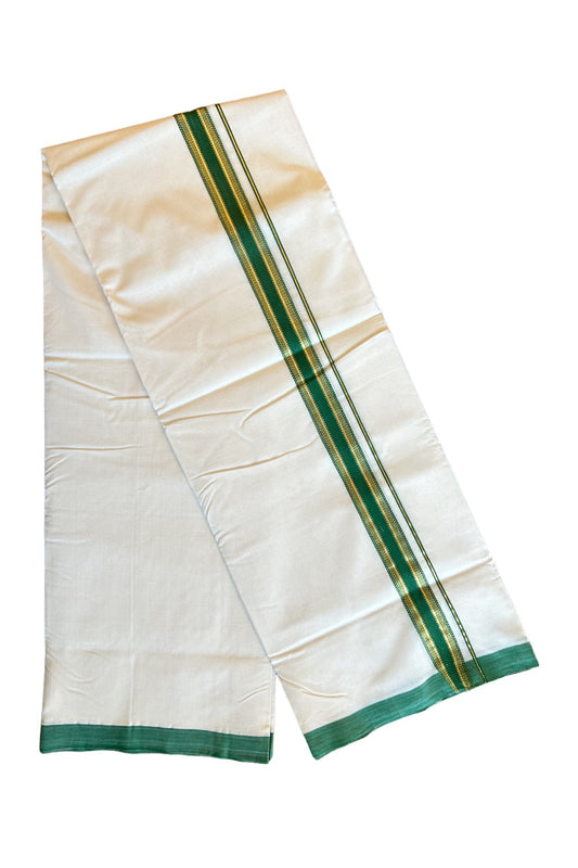 20% DISCOUNT!! KaithariKada HANDLOOM UNAKKUPAAV Balaramapuram - 100% PURE Cotton OFF White (Unbleached) Double Mundu/Dothi - 1.75 Inch Kasavu  & Green striped pattern Kara - 16KK456KK