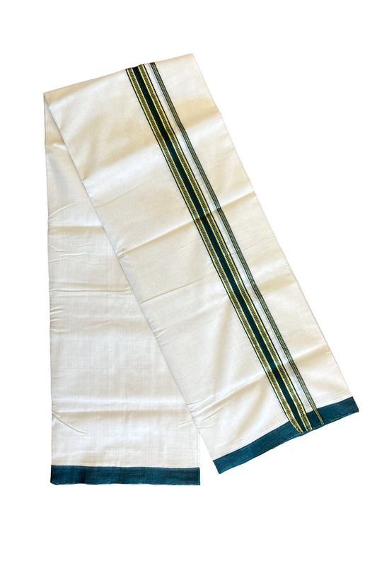 15% Discount!!! KaithariKada HANDLOOM UNAKKUPAAV Balaramapuram - 100% PURE Cotton off white (Unbleached) Double Mundu/Dhoti - 1.75 inch Kasavu & Dark green pattern kara - 16KK458SOM