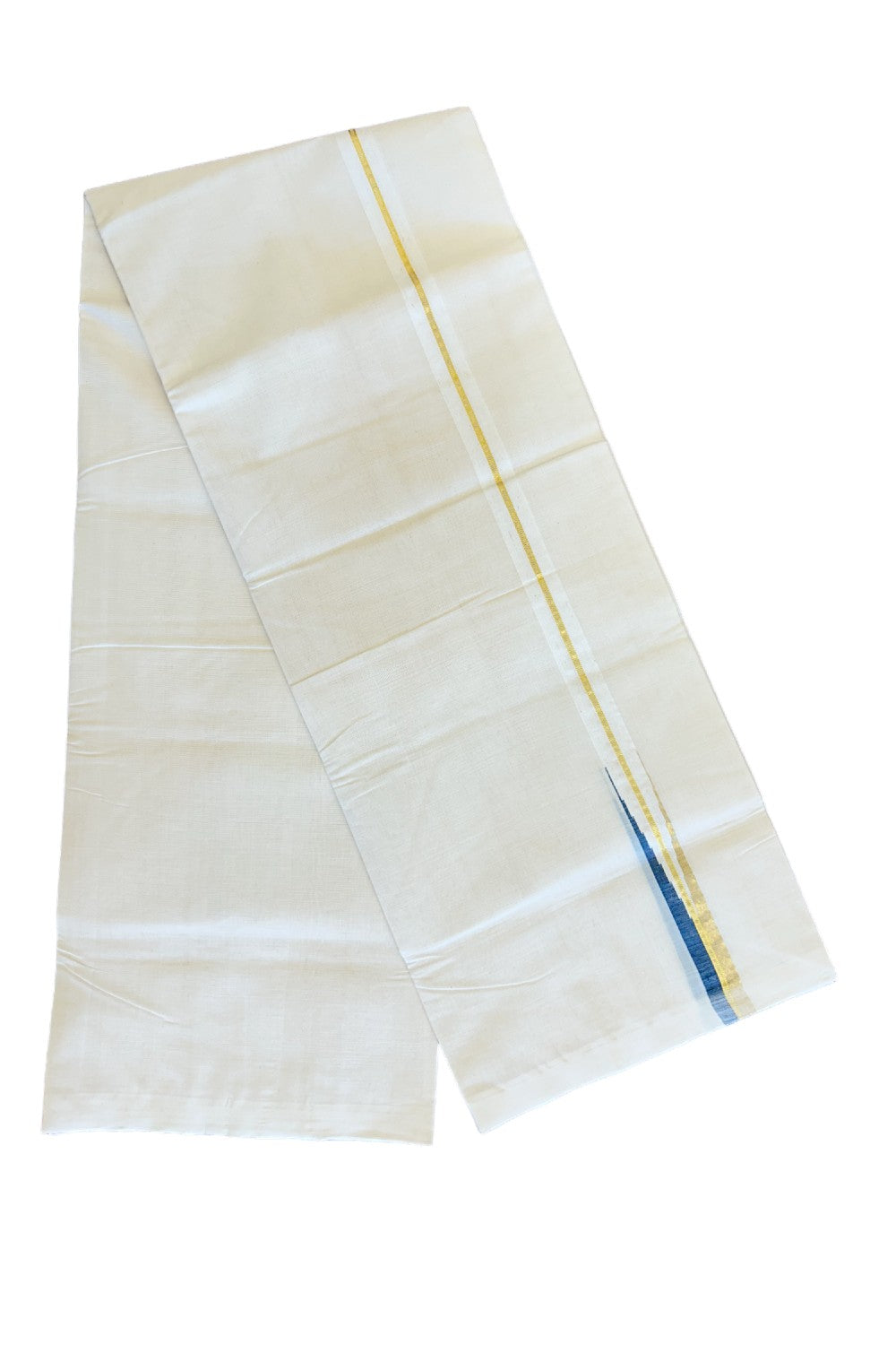 15% DISCOUNT!! KaithariKada HANDLOOM Millpaav Balaramapuram - 100% PURE Cotton OFF White - (Unbleached) Double Mundu/Dothi - 2 cm puliyilakkara Kasavu & Peacock blue chutty - 16KK476RAM