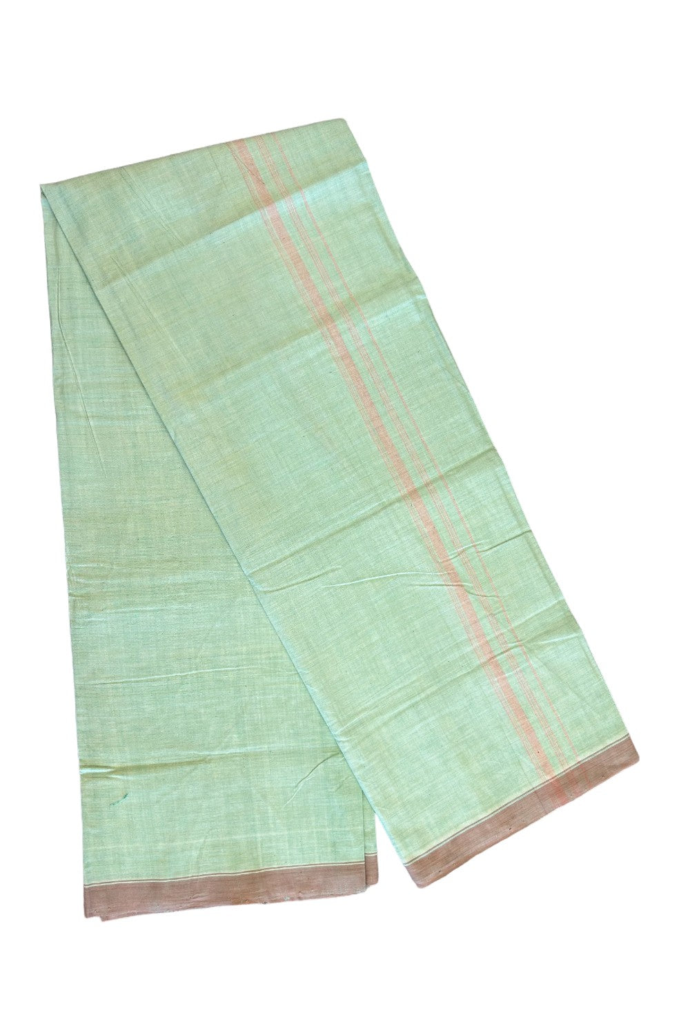 15% DISCOUNT ! KaithariKada Kalamachal 100% Pure Cotton - (80X80) Twisted Thread Handloom Single Mundu/Dhoti - Light Green COLOUR  BODY & Brown stripes 1.5 inch Kara- 16KK479KAL