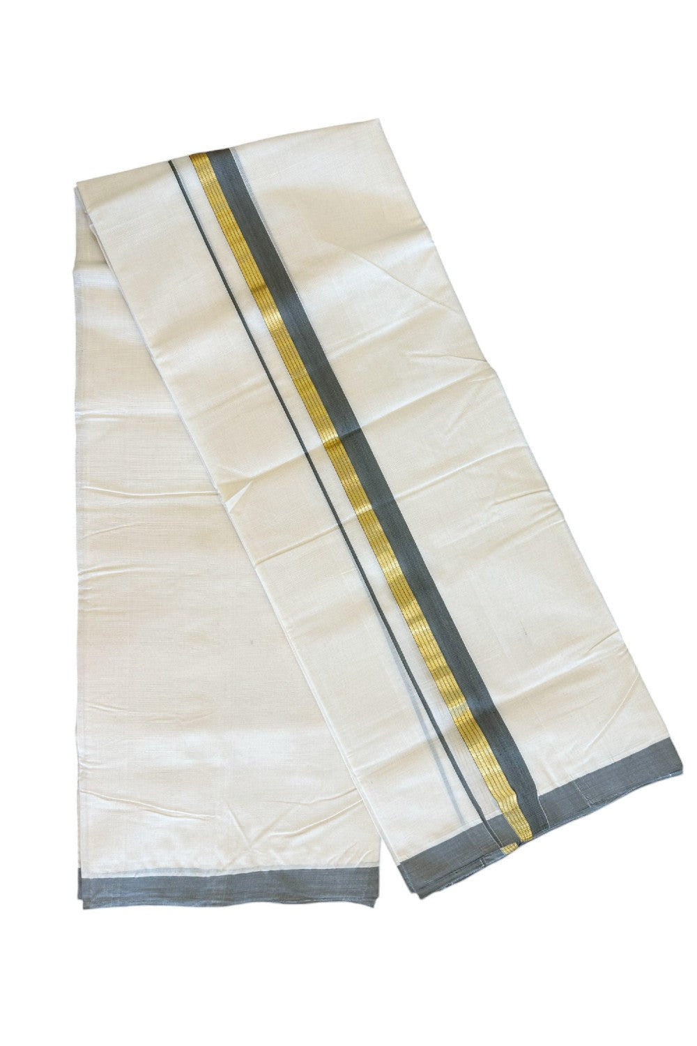 21% Discount KaithariKada HANDLOOM Unakkupaav Balaramapuram - 100% PURE Cotton Off White - (Unbleached) Double Mundu/Dhoti - 2 inch  Kasavu & GRAY Kara- 16KK498KK