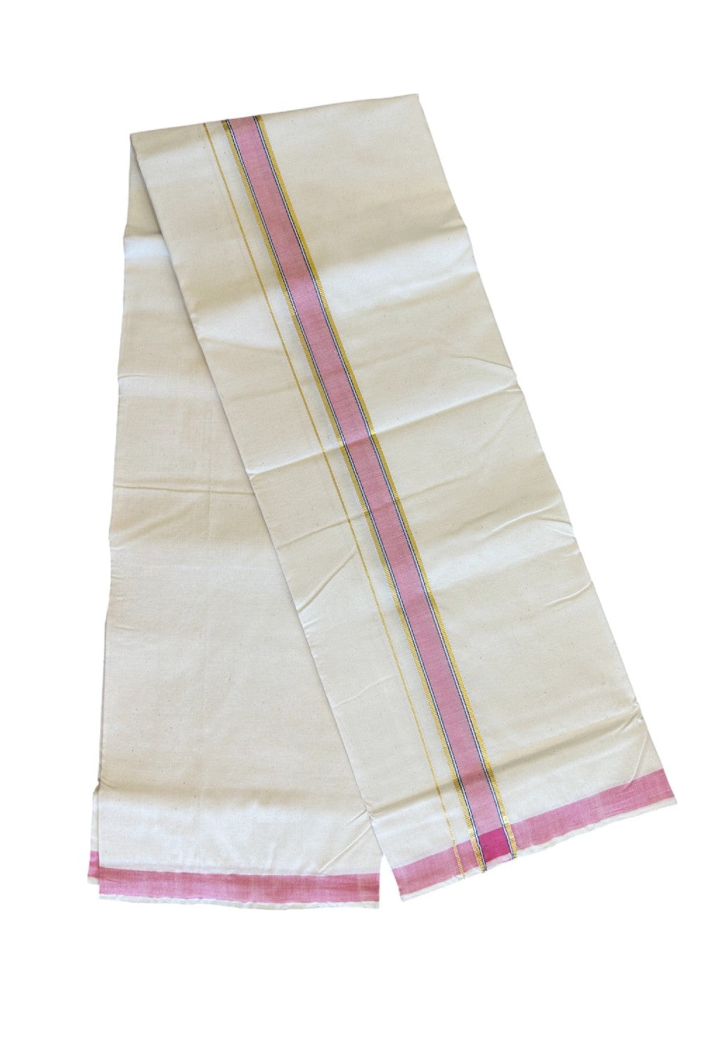 32% Discount KaithariKada 100% Cotton Balaramapuram HANDLOOM Single Mundu/Dhoti - Off White - (Unbleached)  1.75 Silver Pink & Blue Striped Kara - 16KK499KK