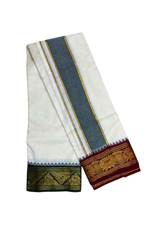 36% DISCOUNT! KaithariKada Cotton Mix  Off White - (Unbleached)- 80x80 thread -80% Cotton &20% Polyester -NORTH INDIAN - ATTACHED GAMCHA 9X5 Dhoti 4 inch Green kara with Maroon Kasavu border  - 16KK5005PMC