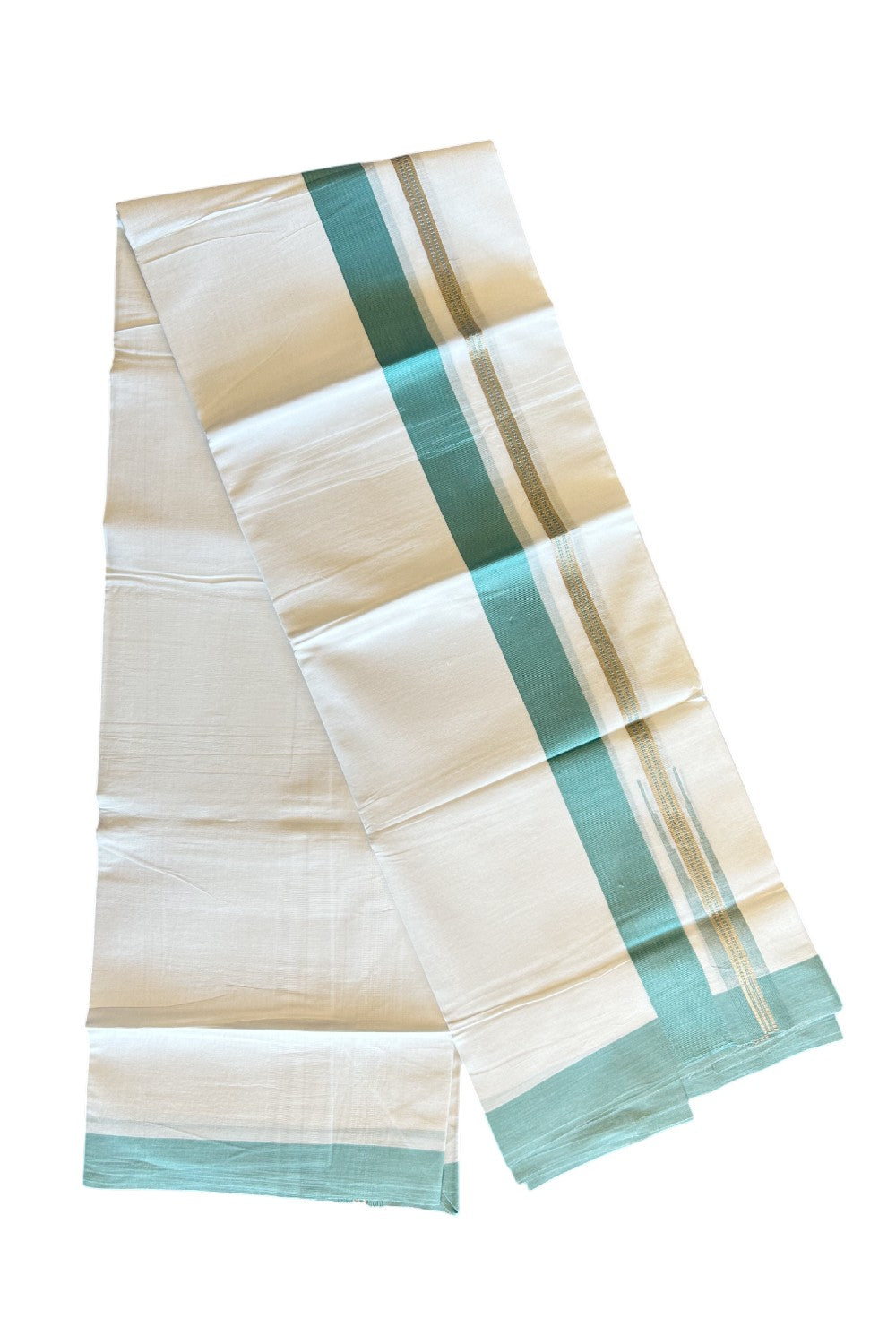 Kaitharikada  Balaramapuram 100% Pure Cotton PURE WHITE Double Mundu/Dothi - 80x92 - 1.5 Inch Turquoise Green & Silver Chutty kara - 16KK5022VAN