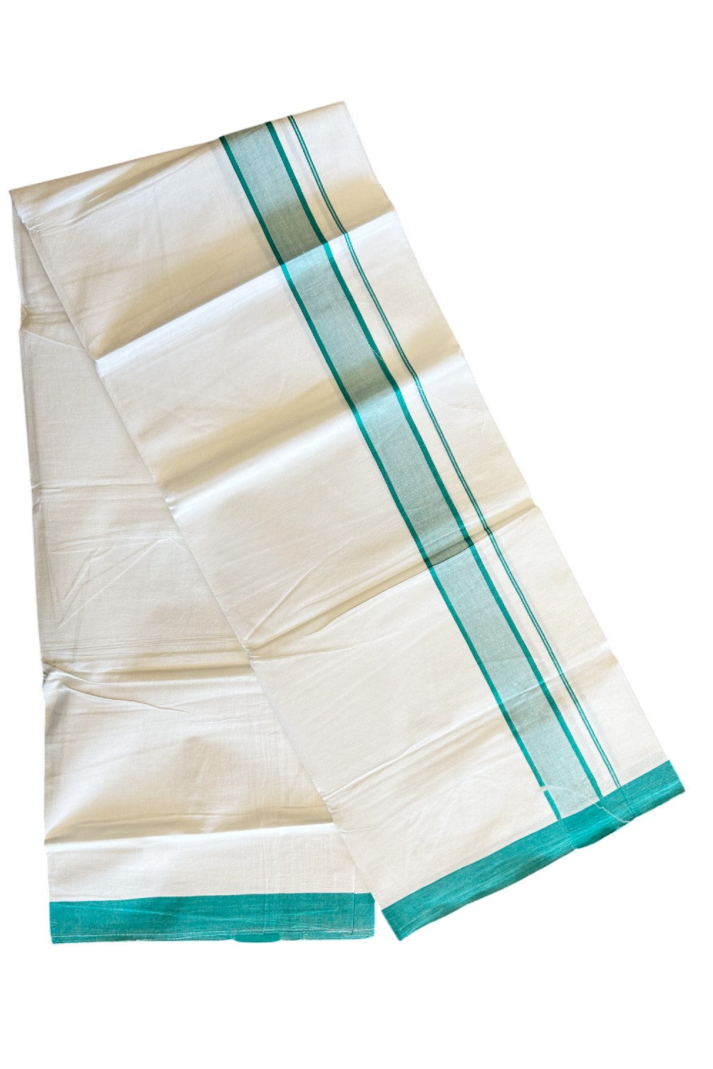 8% Discount ! Kaitharikada Balaramapuram 100% Cotton PURE WHITE SINGLE Mundu/Dothi- 2.25 inch Turquoise Green Kara - 16KK5032GAN