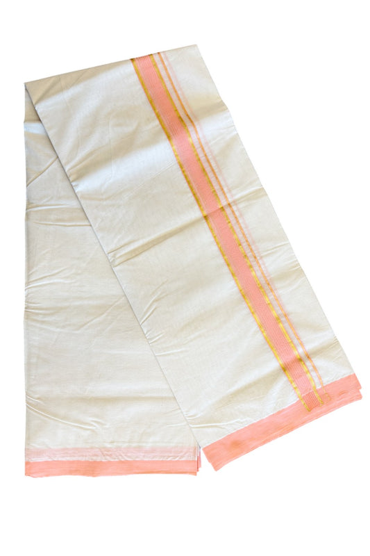 24% Discount !! KaithariKada 100% Cotton OFF WHITE - (Unbleached) Double Dhoti/Mundu- 100x100 1.75 inch Peach & Kasav Striped Kara (10 Muzham)- 16KK5045ASH