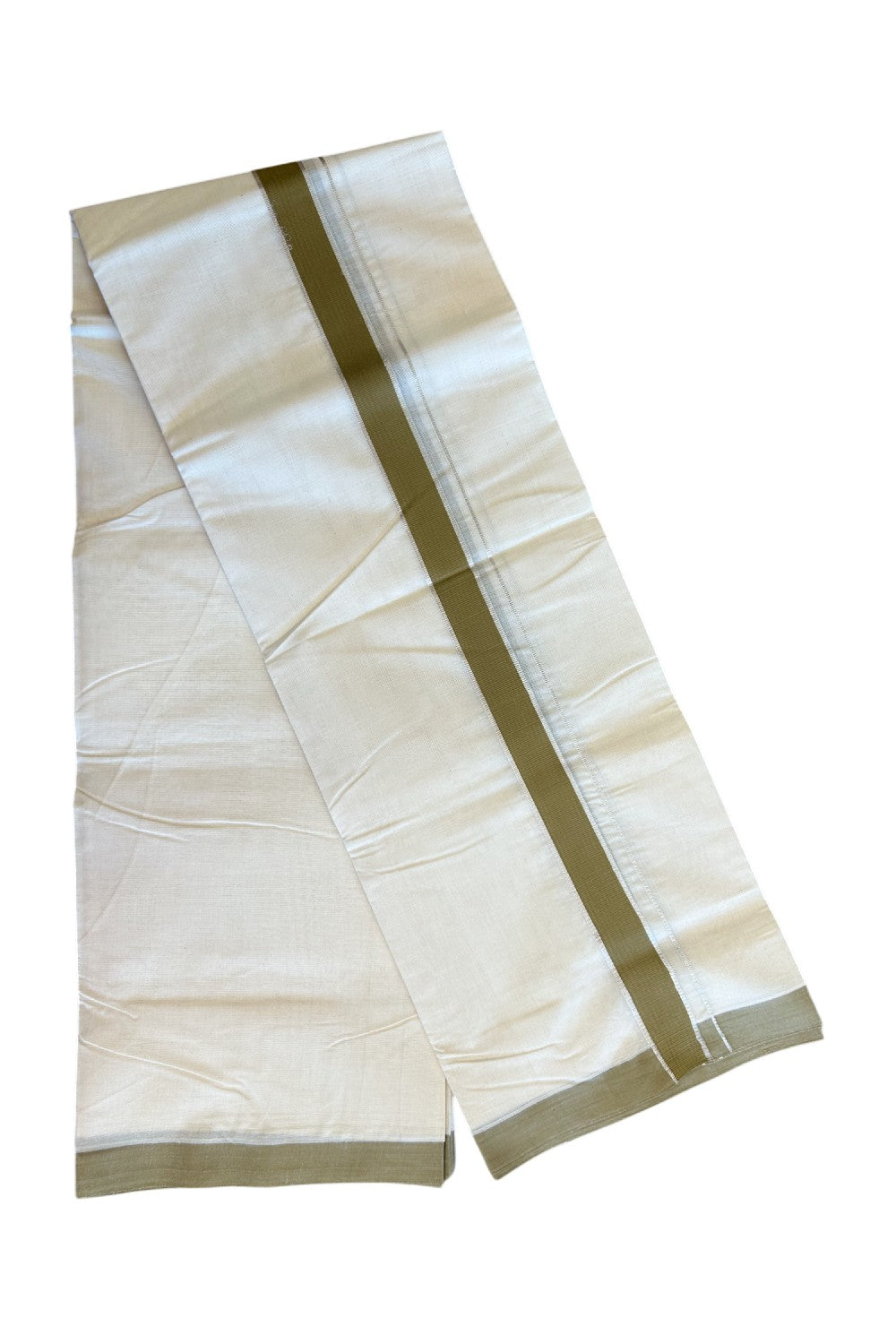 20% Discount KaithariKada Balaramapuram 100% Cotton Double Off white - (Unbleached) - Mundu/Dhoti - 100x80 - 2 inch Silver Kasavu & Sage Green Kara 3.75 mtr - 118