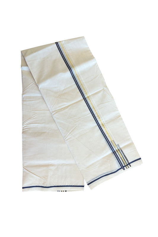 20% DISCOUNT! KaithariKada Balaramapuram 100% Cotton Double Off white - (Unbleached) - Mundu/Dhoti-100x100 1.5cm  Chutty Puliyilakkara Navy Blue & Kasavu Kara Double Chutty-36